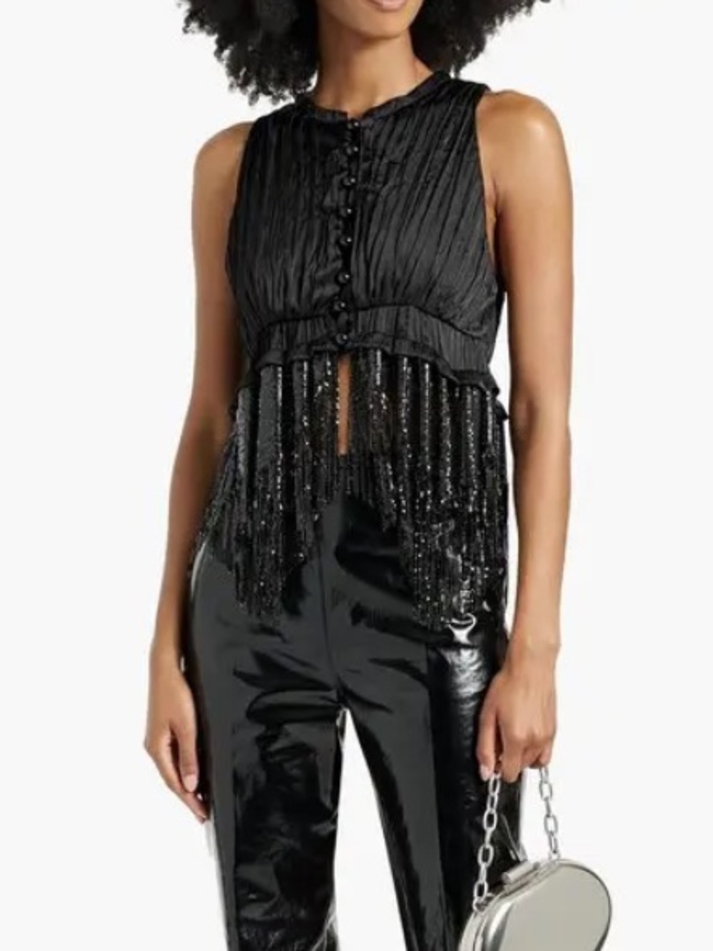 Paco Rabanne Fringed Chainmail Plisse Satin Top